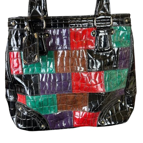 Liz Claiborne Patchwork Color Block Patent Vegan Leather Shoulder Bag Large - Picture 2 of 7